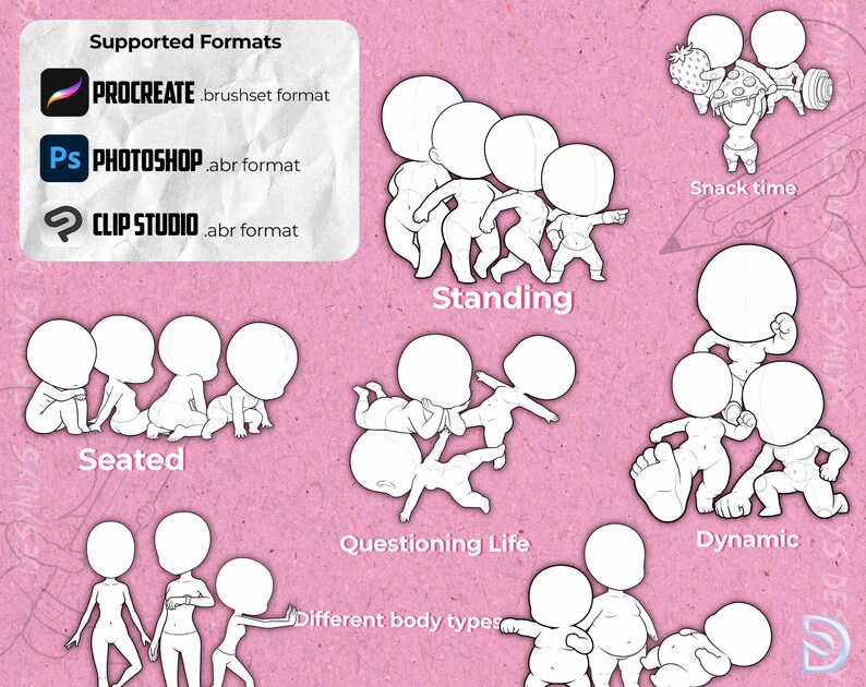 Pode incluir: Impress&atilde;o de arte digital rosa com v&aacute;rias poses de personagens chibi, incluindo posi&ccedil;&otilde;es em p&eacute;, sentadas e din&acirc;micas. A imagem tamb&eacute;m exibe texto indicando formatos suportados para Procreate, Photoshop e Clip Studio.