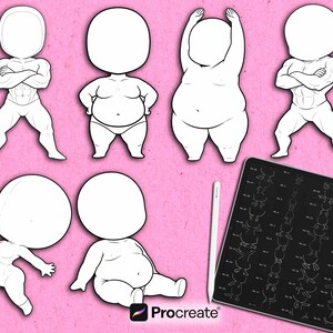 Pode incluir: Ilustra&ccedil;&atilde;o digital de sete figuras em estilo chibi em v&aacute;rias poses, com rostos em branco. Tamb&eacute;m est&aacute; presente um tablet com uma caneta e um logotipo Procreate. O fundo &eacute; de cor rosa lisa.