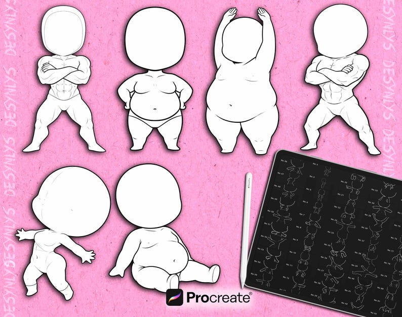 Pode incluir: Ilustra&ccedil;&atilde;o digital de sete figuras em estilo chibi em v&aacute;rias poses, com rostos em branco. Tamb&eacute;m est&aacute; presente um tablet com uma caneta e um logotipo Procreate. O fundo &eacute; de cor rosa lisa.