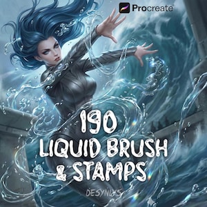 Könnte beinhalten: Digitale Illustration einer Frau mit blauen Haaren und schwarzer Kleidung, umgeben von Wassereffekten. Das Bild enthält den Text "190 LIQUID BRUSH & STAMPS" und das Procreate-Logo.