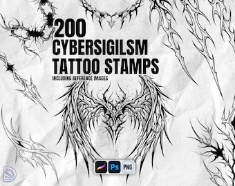 200 tatuaży z motywem cybersigilizmu dla Procreate | Pakiet znaczków Cyber Sigil | Wzory w stylu mrocznego gotyku plemiennego