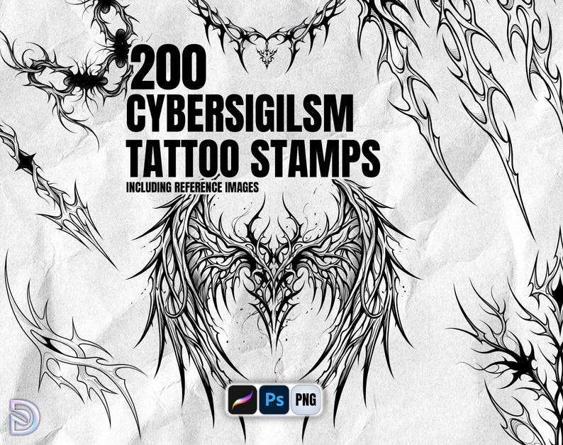 200 tatuaży z motywem cybersigilizmu dla Procreate | Pakiet znaczków Cyber Sigil | Wzory w stylu mrocznego gotyku plemiennego zdjęcie 1