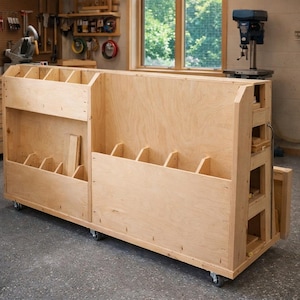 Op de afbeelding: Een grote, onafgewerkte houten kast op wielen, ontworpen voor opslag in de werkplaats. De kast heeft meerdere compartimenten en verdelers voor het organiseren van gereedschap en materialen. Hij is gemaakt van lichtgekleurd hout en staat in een werkplaats.