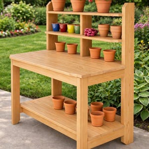May include: A wooden potting bench with multiple shelves, holding terracotta pots and colorful small containers. The top shelf displays potted plants with pink and red flowers. The bench is outdoors, set against a backdrop of green foliage.