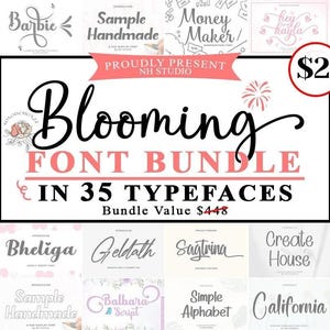 May include: A graphic featuring the text "Blooming Font Bundle in 35 Typefaces." The image showcases various font styles, with a price tag of $2. The bundle value is $448.
