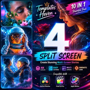 May include: A digital art graphic promoting a "10 IN 1 Powerful Pack" for video editing. The design features a large number 4, the words "SPLIT SCREEN", and icons for DaVinci Resolve, Final Cut Pro, and Apple Motion. The image has a futuristic theme.