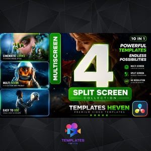 Peut inclure: Visuel promotionnel pour des modèles de montage vidéo. Le design présente le chiffre "4" en blanc, avec "Split Screen Collection" en dessous. Le texte inclut "10 en 1 Modèles Puissants" et "Possibilités Infinies".