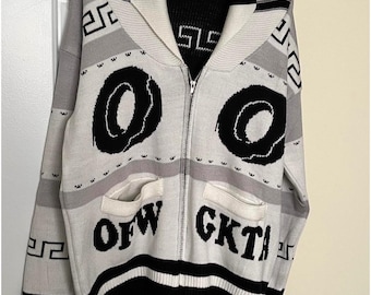 Odd Future OFWGKTA Donut Greek Key Zip Up Cardigan Sweater Bianco Grigio Nero