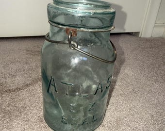 Pote de vidro antigo ATLAS E-Z Seal Aqua (quart) - com argola de arame
