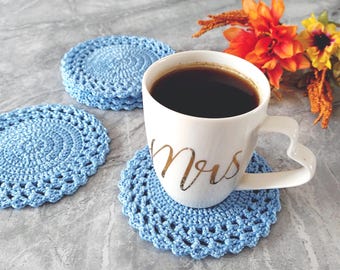 Set of 2, 4 or 6 BLUE Crochet Coasters, Home Décor, Drinkware Mat