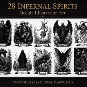 Könnte beinhalten: Gerahmtes Schwarz-Weiß-Illustrationsset mit dem Titel "28 Infernal Spirits". Das Kunstwerk zeigt Darstellungen verschiedener okkulter Figuren im Vintage-Stil, darunter Luzifer, Leviathan und Beelzebub. Der Text "Vintage Style - Digital Download" ist ebenfalls vorhanden.