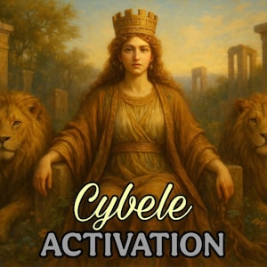 Puede incluir: Pintura artística que representa a una mujer coronada, vestida con una túnica dorada, sentada entre dos leones. El texto "Cybele ACTIVATION" se muestra en una fuente decorativa, sugiriendo un tema espiritual o mitológico.