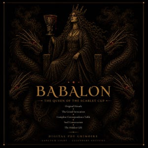 May include: A digital grimoire cover featuring a crowned figure holding a scarlet cup, surrounded by four dark dragons with glowing red eyes. The text reads: BABALON THE QUEEN OF THE SCARLET CUP, Original Rituals, The Grand Invocation, Complete Correspondence Table, Seal Consecration, The Hidden Gift, DIGITAL PDF GRIMOIRE, SANCTUM LIGHT, LEGENDARY ENTITIES.