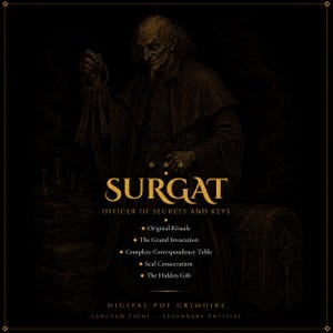May include: A digital PDF grimoire titled SURGAT Officer of Secrets and Keys. The cover features a dark illustration of a figure holding a ring of keys, with text listing Original Rituals, The Grand Invocation, Complete Correspondence Table, Seal Consecration, and The Hidden Gift.