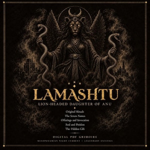 May include: A digital PDF grimoire cover featuring a winged lion-headed figure holding two snakes. Text reads: LAMASHTU, LION-HEADED DAUGHTER OF ANU, Original Rituals, The Seven Names, Offerings and Invocation, Seal and Petition, The Hidden Gift.