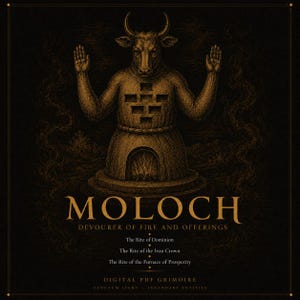 May include: A digital PDF grimoire titled MOLOCH DEVOURER OF FIRE AND OFFERINGS. The cover features a gold-toned illustration of a bull-headed figure with raised hands standing over a furnace, with text listing rites and entity information.