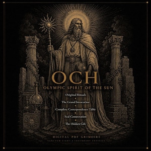 May include: A digital PDF grimoire titled OCH OLYMPIC SPIRIT OF THE SUN featuring a bearded figure holding a sun staff between two stone columns. Text includes Original Rituals, The Grand Invocation, Complete Correspondence Table, Seal Consecration, The Hidden Gift, Sanctum Light, and Legendary Entities.