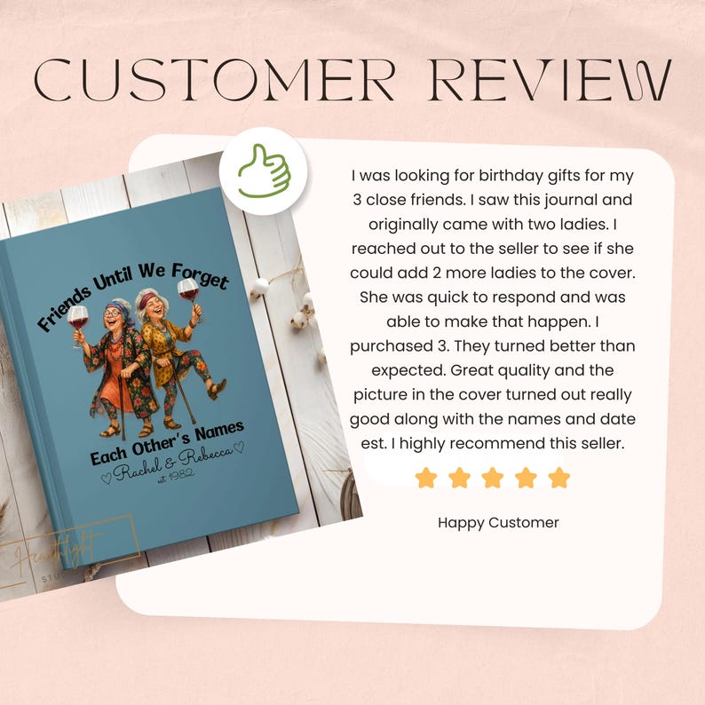 May include: A blue journal cover featuring an illustration of two older individuals holding wine glasses, with the text Friends Until We Forget Each Other's Names, Rachel & Rebecca, and est. 1982. A customer review with five stars is displayed alongside.