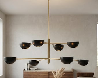 Czarne klosze do żyrandola w stylu Mid Century Modern – wieloramienna lampa sufitowa z kopułą