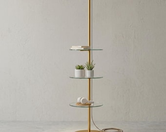 Mid Century Modern Brass Floor Lamp with Glass Shelves - Minimalist Gold Standing Light & Display Rack - Industrial Stilnovo Reading Lamp