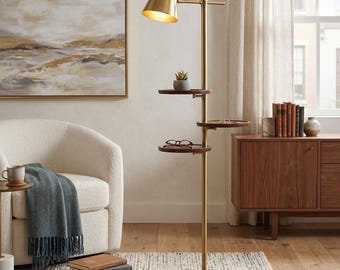 Moderne messing vloerlamp uit het midden van de eeuw met houten planken - Handgemaakte Spoetnik-staande lamp - Industriële gelaagde dienbladlamp