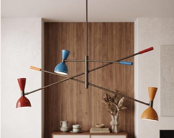 Żyrandol w stylu Mid Century Modern – Kolorowa lampa wisząca Diabolo w stylu Stilnovo – Wielokolorowa lampa wisząca z mosiądzu – Industrial Sputnik Lighting