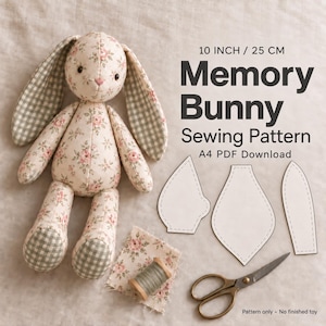 Puede incluir: Un patrón de costura Memory Bunny de 25 cm en descarga PDF A4 que incluye un conejo de tela floral, plantillas de papel, un carrete de hilo verde y tijeras. El conejo tiene orejas largas con una parte inferior de cuadros verdes y blancos.