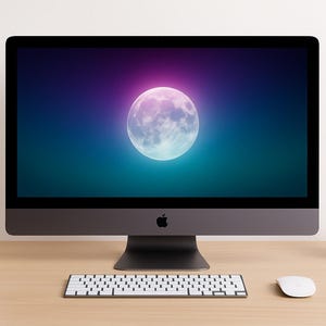 May include: A modern desktop computer with a large screen displaying a vibrant image of a full moon against a gradient background. A white keyboard, mouse, and pencil holder are in front of the computer. A small succulent plant in a white pot is on the right.