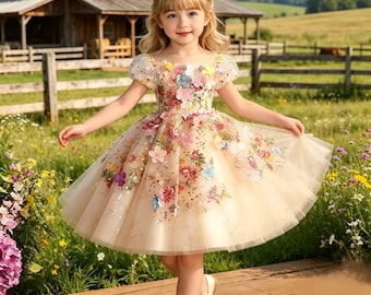 Girls Floral Tulle Princess Dress - Perfect for Birthday, Wedding & Kids Party,children's day gift