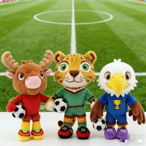 Può includere: Tre mascotte di calcio di peluche: una renna in rosso, un giaguaro in verde e un'aquila in blu. Ognuno tiene in mano un pallone da calcio e indossa una divisa. Lo sfondo è un campo da calcio verde.