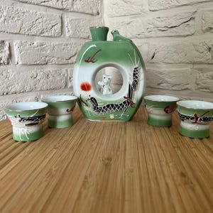 Vintage Green Ceramic Sake Set: Hand-Painted Cat, Frog, Dragon (6-Piece)