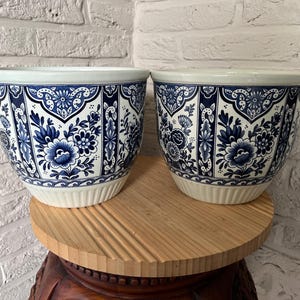Vintage Boch Royal Sphinx Delft Style Planters – Set of 2 Blue Floral Ceramic Cachepots