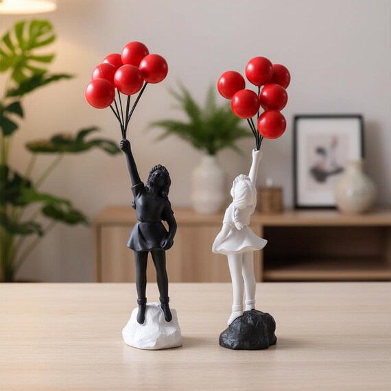 Balloon Girl Figurine, Modern Resin Sculpture for Whimsical Desk Decor