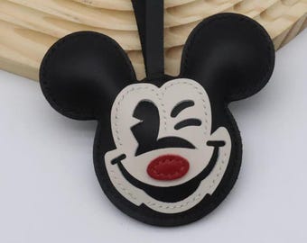 Hand-stitched Genuine Leather Mickey Charm, Mini Winking Mickey Bag Accessory, Cute Keychain Gift for Her