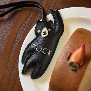 Genuine Leather Rock Bear Keychain, Punk Music Bag Charm, Metal Gesture Pendant