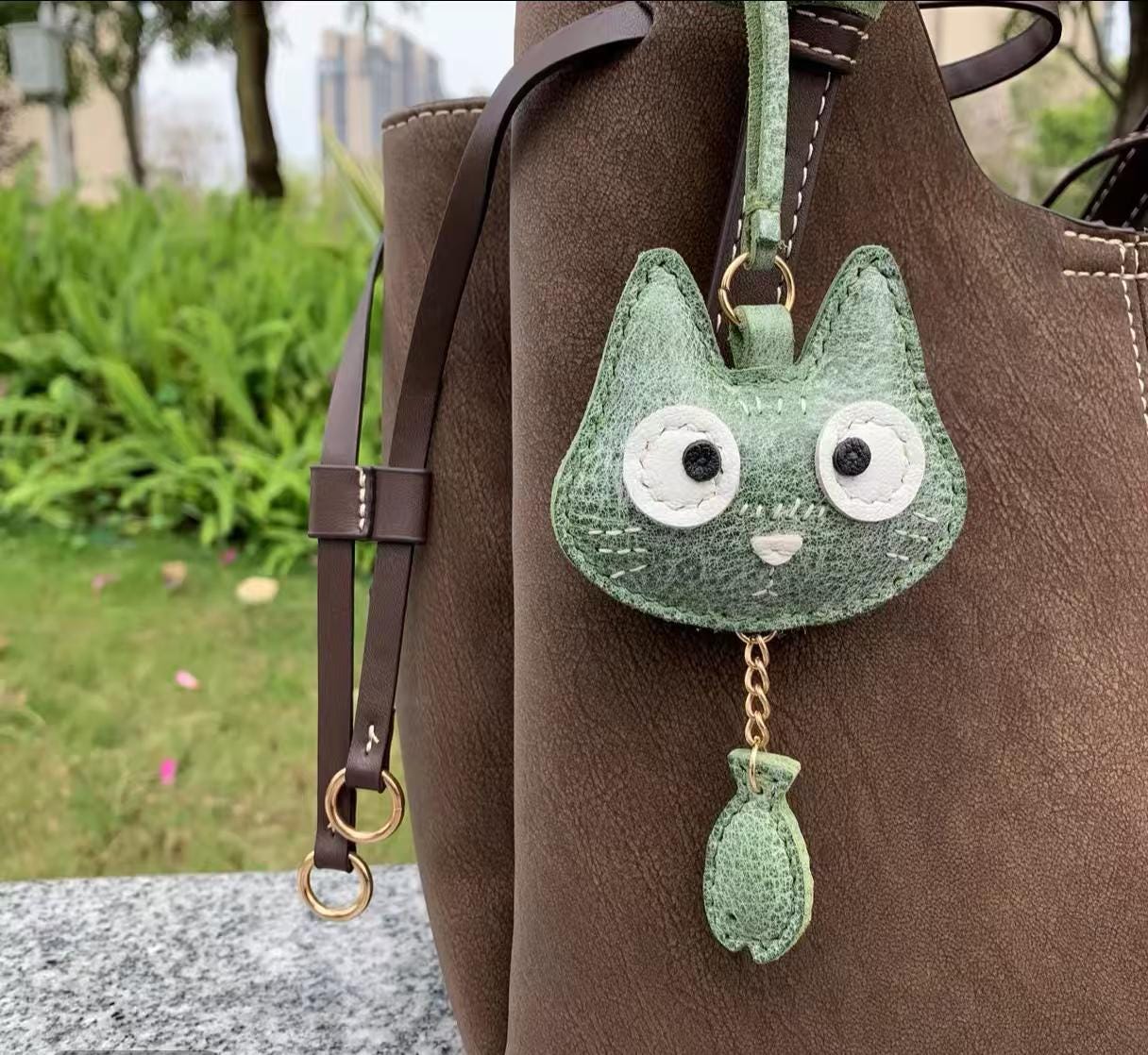 Green Leather Cat Fish Bag Charm, Handcrafted Animal Pendant Accessory