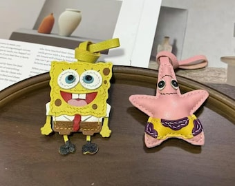 Handcrafted SpongeBob Patrick Leather Keychain, Cartoon Purse Charm, Friend Gift