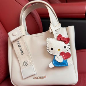 Handmade Hello Kitty Leather Keychain, Cute Kitty Bag Charm With Red Bow & Heart