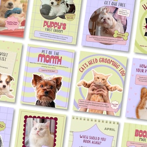 Könnte beinhalten: Eine Sammlung von zwölf informativen Social-Media-Vorlagen für die Tierpflege mit verschiedenen Hunden und Katzen, Pastellfarben und Textüberschriften wie Puppy's First Groom, First Visit Checklist, Pet of the Month und Cats Need Grooming Too.