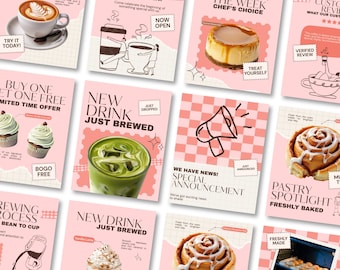 Puede incluir: Una colección de plantillas de marketing para redes sociales con una paleta de colores rosa y patrones de cuadrícula. Los diseños muestran varios alimentos y bebidas, incluyendo café, matcha, cupcakes y rollos de canela, junto con superposiciones de texto.
