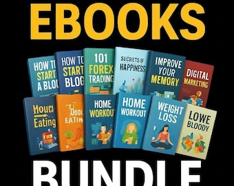 Puede incluir: Imagen de un conjunto de libros electrónicos con títulos como «Cómo iniciar un blog» y «Mejora tu memoria». El texto «7500+ Ebooks Bundle» se muestra de forma destacada. Fondo negro, logotipo de árbol en la parte inferior.