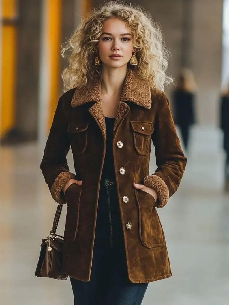 Veste Vintage Homme Double Boutonnage En Shearling (daim) - Taille L UK 40, Gris - Occasion Très Bon état