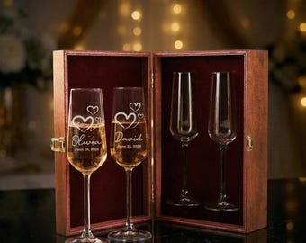 Flûtes à champagne de mariage personnalisées avec boîte en bois gravée, verres à griller pour couples