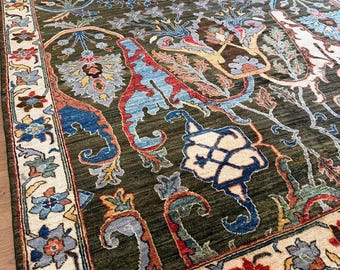 Alfombra moderna Oushak anudada a mano de 9x12, alfombra floral multicolor, alfombra de diseño tradicional para sala de estar y dormitorio, alfombra grande estilo Abrash verdoso.