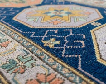 Alfombra tribal azul anudada a mano, alfombra de pasillo de lana hecha a mano, alfombra geométrica, alfombra de pasillo vintage