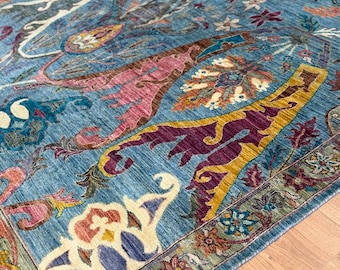Alfombra moderna Oushak anudada a mano de 9x12, alfombra floral multicolor, alfombra de gran tamaño con diseño tradicional para sala de estar y dormitorio.