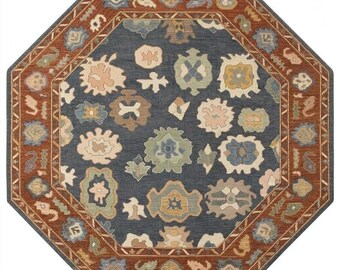 Alfombra Oushak de lana anudada a mano, alfombra turca azul marino marfil, alfombra oriental vintage hecha a mano, alfombra de tamaño personalizado para sala de estar, decoración de lujo para el hogar