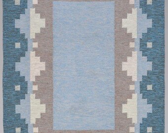 Alfombra Kilim escandinava azul de tejido plano, alfombra Kilim escandinava tejida a mano de tejido plano, alfombra de inspiración sueca / alfombra de nudos nórdicos /