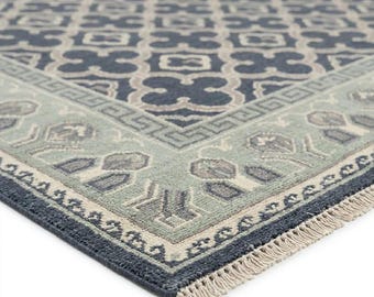 Alfombra de lana gris anudada a mano con diseño de celosía, alfombra geométrica moderna, alfombra de lujo hecha a mano, alfombra contemporánea para sala de estar.