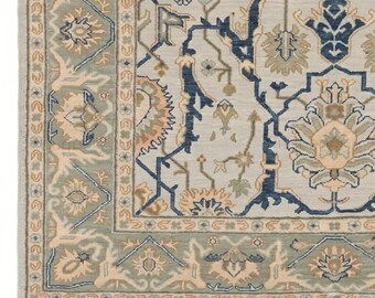 Alfombra Oushak hecha a mano de color beige claro, alfombra de área de lana turca vintage, elegante alfombra floral de 9x12, alfombra oushak moderna anudada a mano,